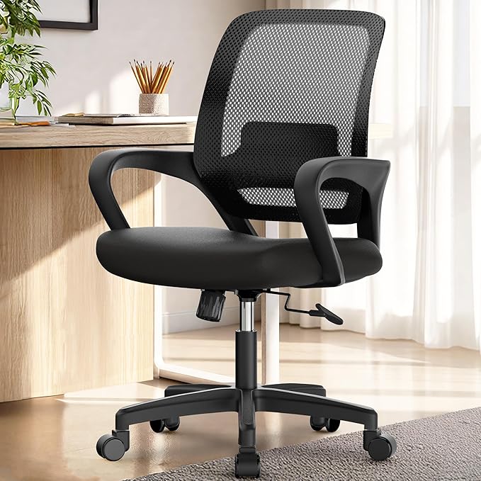 NEO Chair Office Desk Ergonomic Computer Mesh Chair with Lumbar Mid Back Support Adjustable Height Swivel Rolling Wheels Comfy Task Vanity Chair for Home Bedroom Study (All Black)