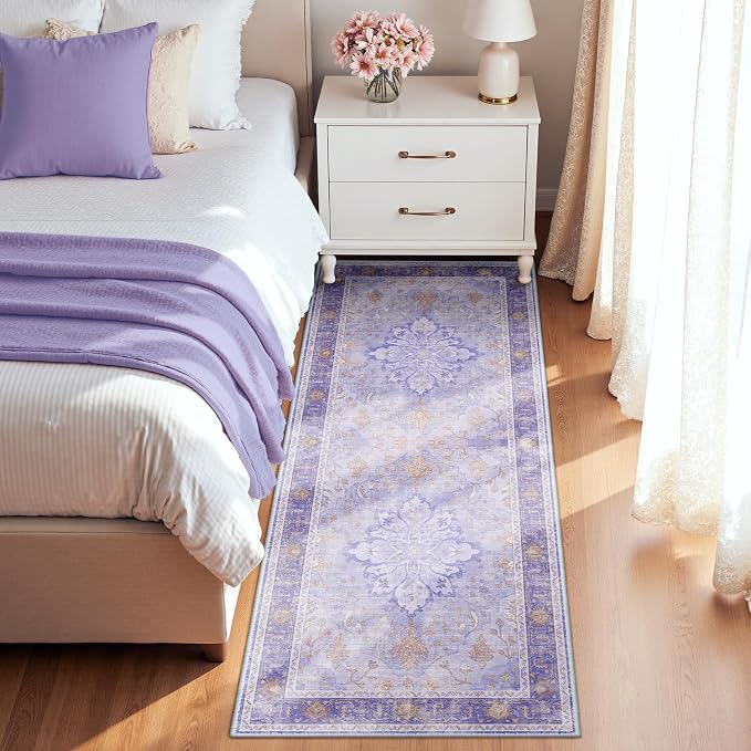 RELEANY Area Rugs Runner 2'x8' Washable Non-Slip, Floral Vintage Distress Medallion Carpet for Kitchen Hallway Bedroom Beside Laundry Room Bathroom, Light Purple Brown