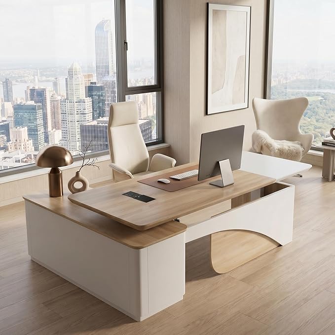 SAINTCY 86" L Shaped Standing Executive Desk with Drawers and Shelves,White Electric Adjustable Height Desk with Charging Station and Privacy Panel for Home and Office, Light Walnut