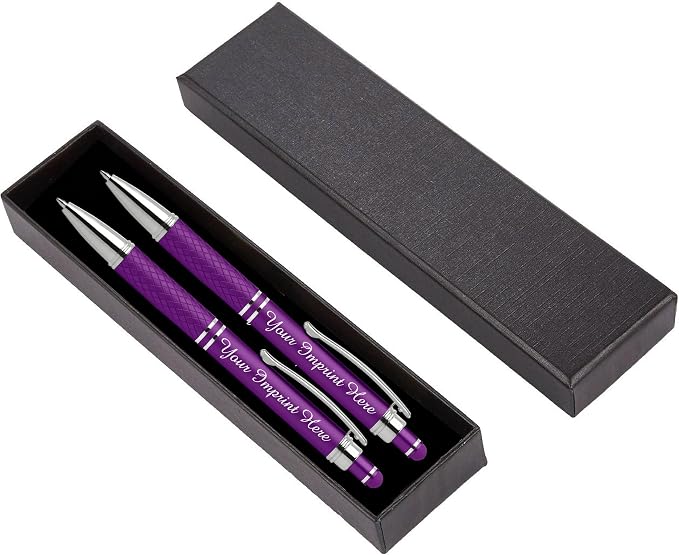 Custom Engraved Personalized Pen Gift Set - 2 Pack of Soft Touch Metal Ballpoint Pens with Gripper & Gift Box - Luxury Customized Pens with Name (Purple)