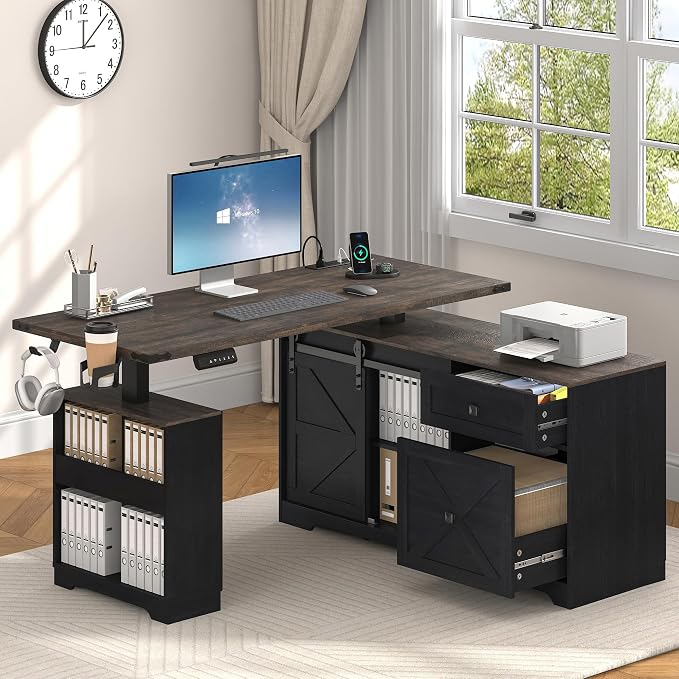 St.Mandyu L Shaped Electric Standing Desk 55" Black with Power & Storage | File drawer, sliding door cabinet, cup holder, height adjustable, sturdy wood frame, home office for work/study/writing