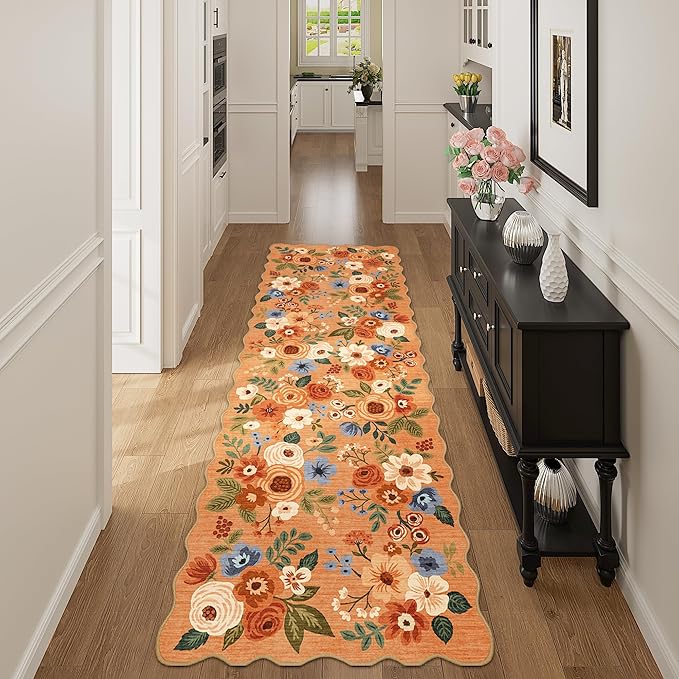 DUKINO 2x6 Runner Rug for Hallway, Washable Kitchen Rug with Non Slip Backing & Non-Shediing, Soft Low Pile Floral Design Runner for Bedroom, Kithchen, Living Room, Laundry, Bathroom, Orange