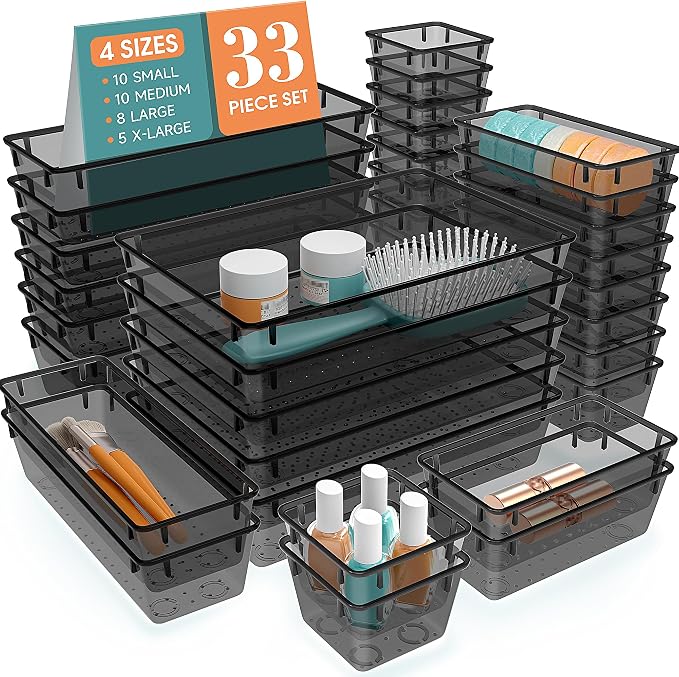 StorMiracle 33 PCS Clear Plastic Drawer Organizers Set, 4 Size Desk Drawer Organizer Trays for Makeup, Jewelry, Kitchen Utensils, Gadgets and Office Accessories, Black