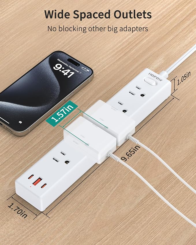 HOPOW 2 Prong Power Strip, 2 to 3 Prong Outlet Adapter with 1700J Surge Protection, 6ft Two Prong Extension Cord, 5 AC Outlets & 3 USB(5V 3.4A Max), Wall Mount for Non-Grounded Outlet, White