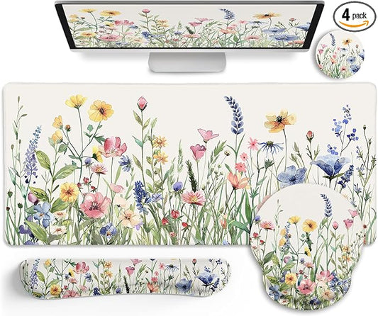 LIMKRIAN Flower Mouse Pad Set Large Desk Matt for Desktop, Ergonomic Mouse Pad with Wrist Rest, Gaming Wrist Support Keyboard Mat Cup Coaster Set Cute Office Desk Decor Accessories