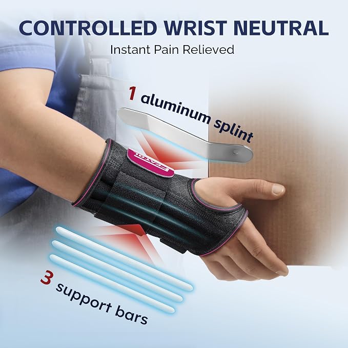 FEATOL 2 Pack Carpal Tunnel Wrist Brace For Work With Wrist Splint, 6.5'' Wrist Brace Night Support For Women Men, Pain Relief For Tendonitis, Arthritis, Pregnancy, Typing, Right and Left Hand, Medium