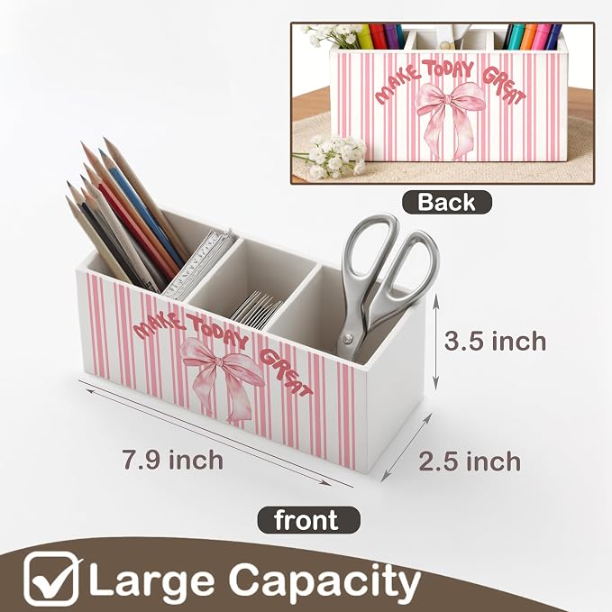 Coquette Pink Bow Motivational Wooden Pen Holder for Desk, Preppy Desk Decor, Make Today Great Girly Pink Striped Pencil Organizer Wooden Box Sign for Girls Bedroom Dorm Decoration