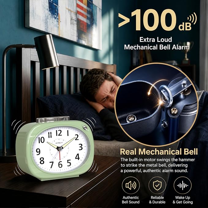 AYRELY® 4.5" Loud Analog Alarm Clock for Heavy Sleepers, 100 dB Alarm Sound | Mechanical Bell, Silent Quartz Desk Clock and Table Clock with 10-Second Night Light, Luminous Hands for Bedroom and Bedside