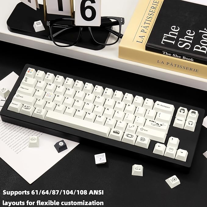 PBT Keycaps 130 Keys, White Cute Keycaps, Cherry Profile Dye-Sublimation Custom Keycap Set for 60% 65% 75% 80% 100% Mechanical Keyboard