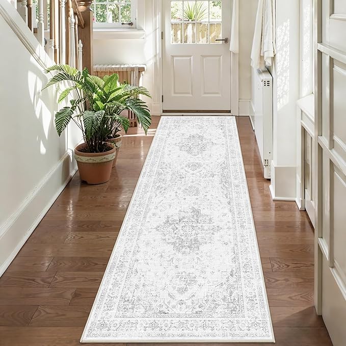 2.6x8 Gray Vintage Runner Rug Hallway Washable Area Rugs Non Slip Boho Medallion Long Rug Distressed Retro Carpet Floral Soft Low Pile Indoor Throw Rug for Kitchen Bedroom Bathroom Dining Room Office