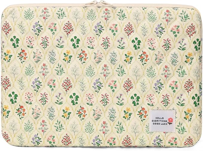 Puffy Laptop Sleeve Case Cute Computer Bag, 14 Inch Flower Printed Quilted Laptop Carrying Cases, Protective Floral Soft Padded Cover Accessories, Compatible with 14"" Notebook, Style A