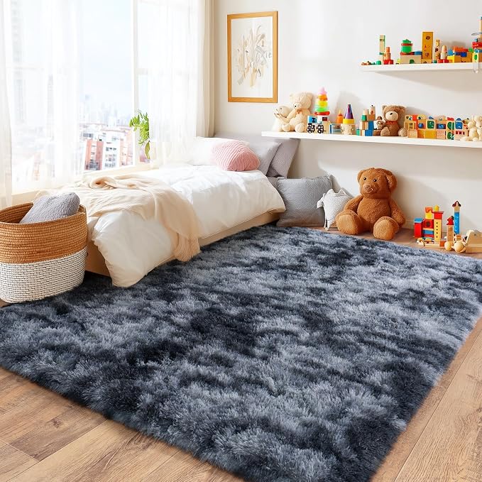 5x7 Area Rug for Living Room Bedroom, Ultra Fluffy Fuzzy Shag Area Rugs for Living Room, Anti-Skid Indoor High Pile Soft Rug Carpet for Bedroom Kids Room Nursery, Dorm Home Decor, Tie-Dyed Blue Grey