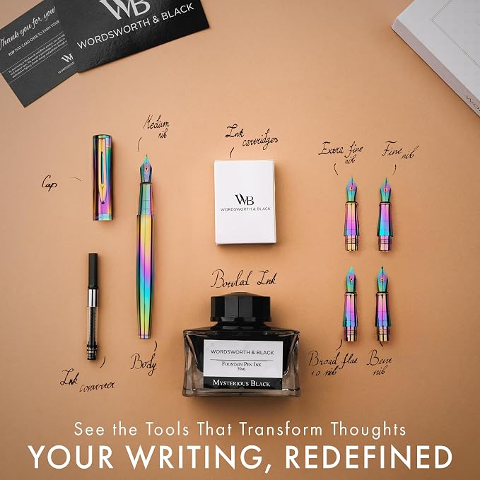 Wordsworth & Black Fountain Pen Gift Set, Includes Ink Bottle, 6 Ink Cartridges, A Refill Converter, 4 Replacement Nibs, Journaling, Calligraphy, Smooth Writing Pens [Rainbow]