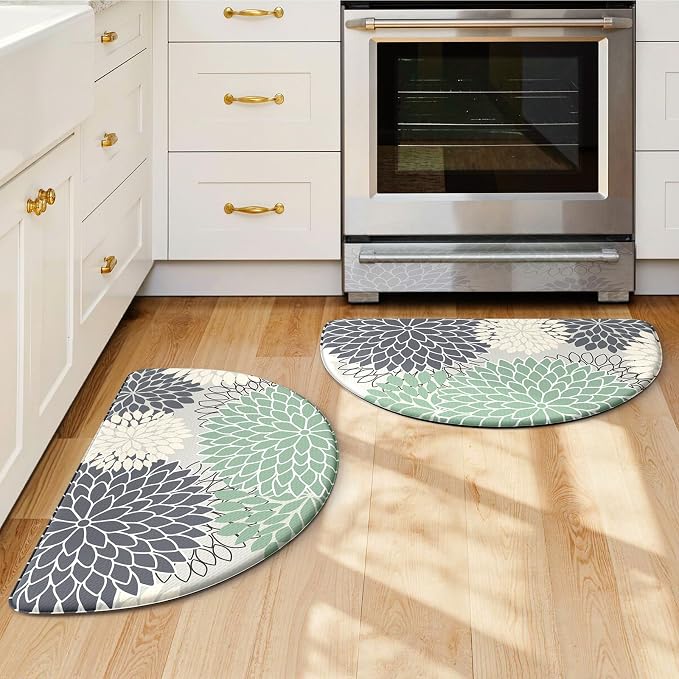 KIMODE Half Circle Kitchen Mats for Floor Cushioned Anti Fatigue 2PCS Semi | 28"x18"+28"x18",Half Round,Cyan,Boho Kitchen Rug Sets of 2,Non Slip,Waterproof,Padded Kitchen Carpet Decor for Sink Laundry
