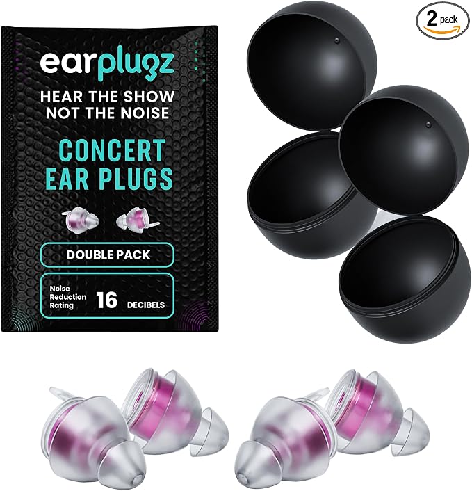 Plugz Lightweight Purple Concert Earplugs - Invisible, Reusable Ear Plugs for Concerts, Loud Music, All-Day Comfort Up to 23dB Noise Cancelling Ear Plugs, Two Pairs Clear Ear Plugs in Portable Case