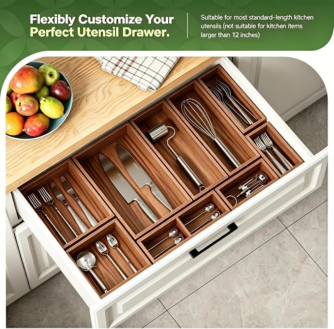 9-Pack Solid Wood Junk Drawer Organizer, Modular Desk Drawer Tray & Accessories with Non-Slip Pad, Multi-Use for Kitchen, Office, Bedroom Dresser, Utensil, Makeup, Stationery, Tea Bags & Coffee Pod