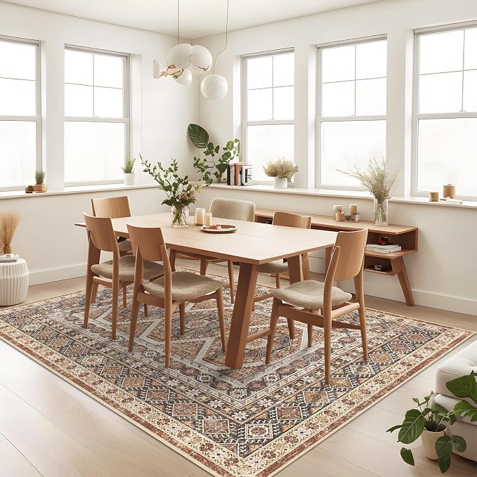 8x10 Washable Area Rugs: Large Non-Shedding Oriental Living Room Rug Super Soft Vintage Bedroom Carpet Ultra Thin Farmhouse Distressed Indoor Rug for Kitchen 8x10 Brick