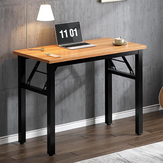 SogesHome No Assembly Folding Computer Desk, 31.5 Inch Small Compact Desk for Home Office, Modern Writing Table with Adjustable Leg Pads, Gaming Desk for Living Room and Small Spaces, Teak & Black