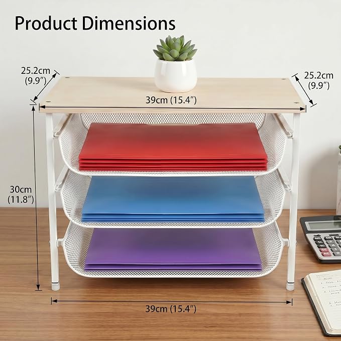 4-Tier Mesh Desk Organizer with Drawer Wooden Top Desktop Organizers File Holder Letter Tray Supplies Paper Organizer Home Office Accessories White