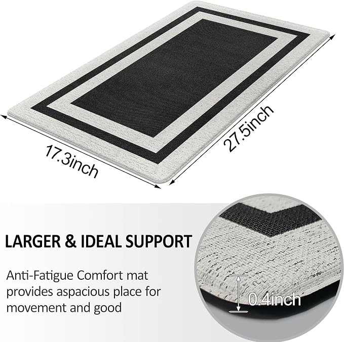 Kitchen Runner Rugs, Memory Foam Cushioned Anti-Fatigue Kitchen Mats, Non-Skid Washable, Comfort Standing Mat for Kitchen, Floor, Office, Laundry Room, Black 17.3"x 27.5"