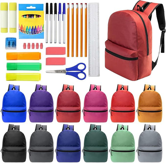 Moda West 17 Inch Bulk Backpacks with 36 Piece School Supplies Kits - Pens, Pencils, Crayons - Case of 12 Wholesale Backpacks in 12 Assorted Colors