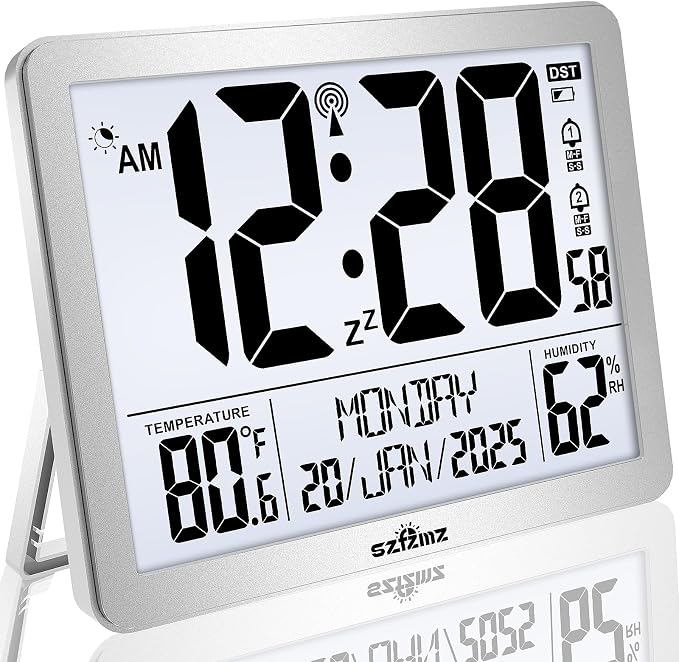 Digital Wall Clock Battery Operated with Backlight, Atomic Alarm Clocks with Indoor Temperature & Humidity for Bedrooms, Office, 8.5" Small Desk Clock with Large Display for Seniors, Auto DST, Sliver