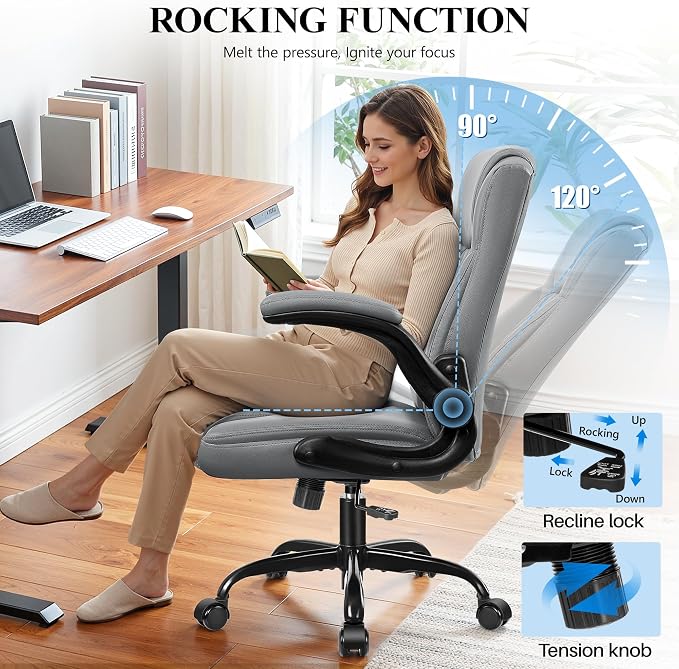 Ergonomic Office Chair, Adjustable Leather Computer Chair with Flip-Up Armrests & Lumbar Support, 275 lbs Capacity, 360° Swivel Task Chair for Home Office, Gray