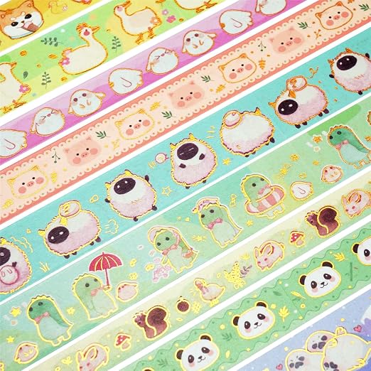 Cute Pets Washi Tape Set 13 Rolls Wide Gold Embellishment Decorative Masking Tapes for Arts, DIY Crafts, Journals, Planners, Scrapbook, Wrapping (Animal Kindergarten)