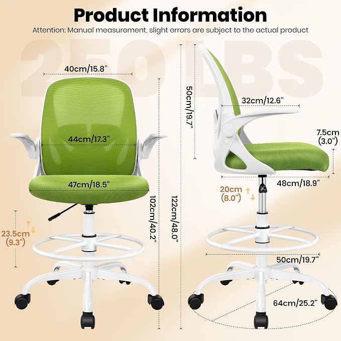 Primy Drafting Chair Tall Office Chair with Flip-up Armrests Executive Ergonomic Computer Standing Desk Chair with Lumbar Support and Adjustable Footrest Ring (Green)