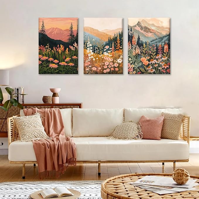 KBKBART Boho Colorful Landscape wall art Set of 3, Wildflower Mountain Wall Decor Vintage Floral Forest Paintings Rustic Nature Pictures Canvas Prints for Living Room Bedroom Dining Room 12x16 Inch