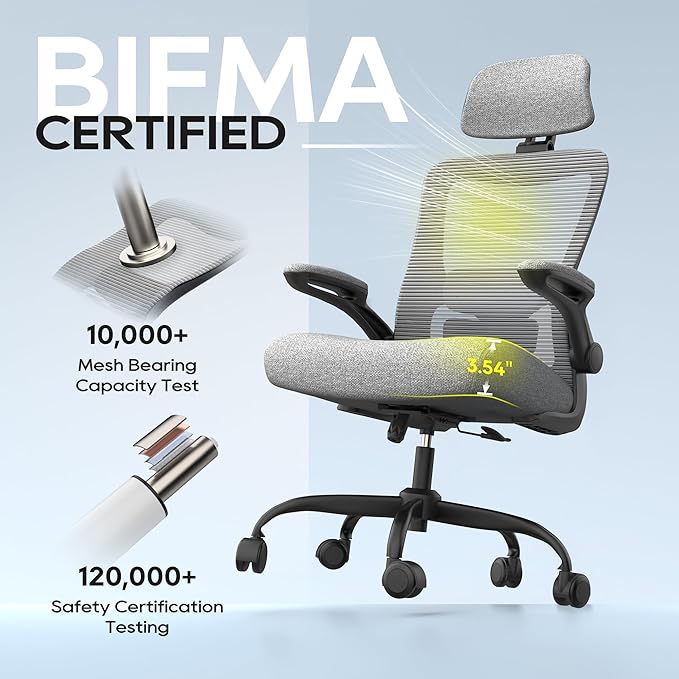 Ergonomic Office Chair, High Back Mesh Desk Chair with Adjustable Lumbar Support & Headrest, Flip-up Armrest, Computer Task Chairs for Home and Executive Office (B-Grey)