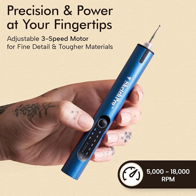 SketchPro Cordless Engraving Pen with LED Light – 3-Speed Precision Etching Tool for Wood, Metal, Glass & Plastic – USB-C Rechargeable, 26 Accessories – Ideal for DIY, Jewelry & Craft Projects