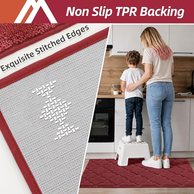 COSY HOMEER-Kitchen-Rugs 20"x48" Non-Slip Absorbent Soft Kitchen Runner Rug Polyester Kitchen Mats for Floor Washable Kitchens Standing Floor Mat for Sink Mat,Hallway,Laundry,Red