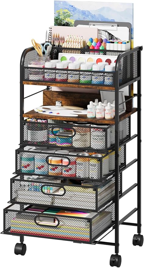 Rolling Art Cart with 4 Drawers, Rustic | Art Supplies Organizer, 5-Tier Storage, Adjustable Dividers, Anti-Pull Mesh Drawers, Metal Frame, 4 Casters with 2 Locks