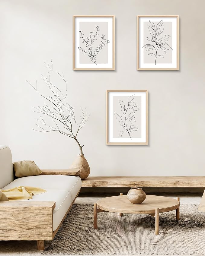HesenDot 12x16in Botanical High Framed Wall Art Set of 3, Minimalist Line Drawing Plant Canvas Prints, Neutral Modern Nature Wall Decor for Living Room Bedroom Bathroom Office