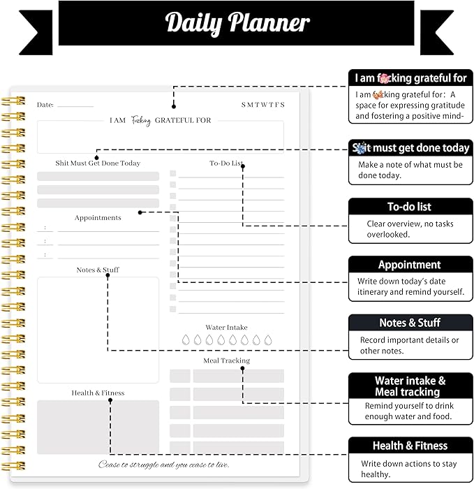 Daily Planner Undated - 6.8" x 8.5", To Do List Notebook & Planner with Hourly Schedule, Spiral To do List Notepad to Organize Your Tasks And Appointments, 120 Pages, Inner Pocket