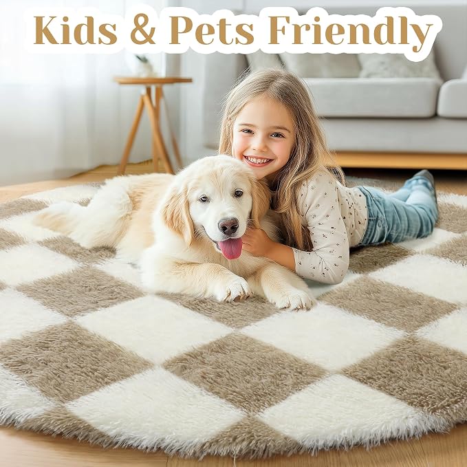 KICMOR Round Rugs 6ft Beige and Cream White Circle Area Rug, Fluffy Soft Fuzzy Shag Shaggy Bedroom Living Room Carpet, Indoor Checkered Circular Rug for Kids Boys Girls Home Decor Aesthetic, Nursery