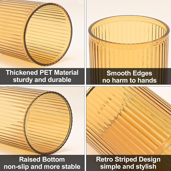 DASITON Makeup Brush Holder Organizer, Acrylic Makeup Brush Cup, Vintage Striped Make Up Brush Holder for Vanity, Bathroom Countertop, Toothbrush Holders, Pen Holder for Desk Storage (Yellow)