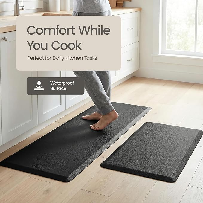 Anti Fatigue Kitchen Mats for Floor | Padded Kitchen Rugs | Non Slip, Cushioned Standing Desk Mat | Waterproof Floor Mat | 17.3" x 28" x 0.47" & 17.3" x 59" x 0.47", Black, 2-Pack | More Décor