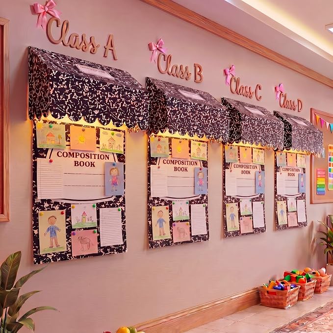 Colarr 12 Pcs Back to School Classroom Awning Decor Kit Bulletin Board Awning with Poster Paper Warm LED Light Bulletin Board Decor for Teacher Classroom School Wall Chalkboard(Composition Notebook)