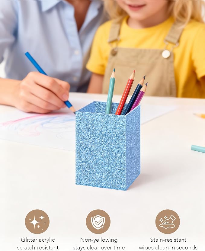 Acrylic Pen Holder Desk Organizer for Office, Blue Glitter | Sparkling glitter acrylic makeup brush and pencil holder for desk, Modern desktop organizer for home, school and office