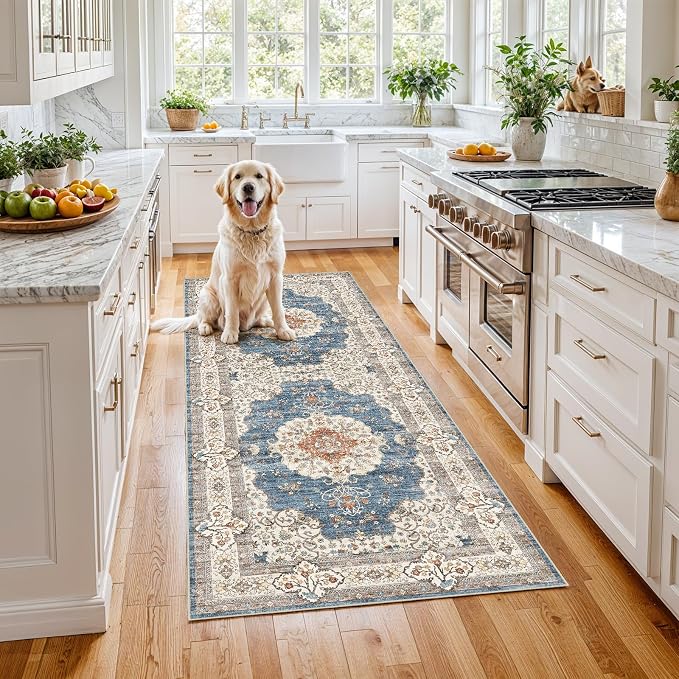 3x6 Washable Hallway Runner Rug:Oriental Indoor Kitchen Rugs Vintage Door Mat Non Slip with Rubber Backing Low Pile Thin Carpet for Bedroom Bathroom Living Room Bedside (3x6 Blue/Beige)