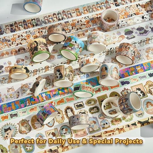 Cat & Dog Washi Tapes Set 20 Rolls, Cute Decorative Masking Tape for Junk Journal, Scrapbooking Supplies, DIY Crafting Supplies