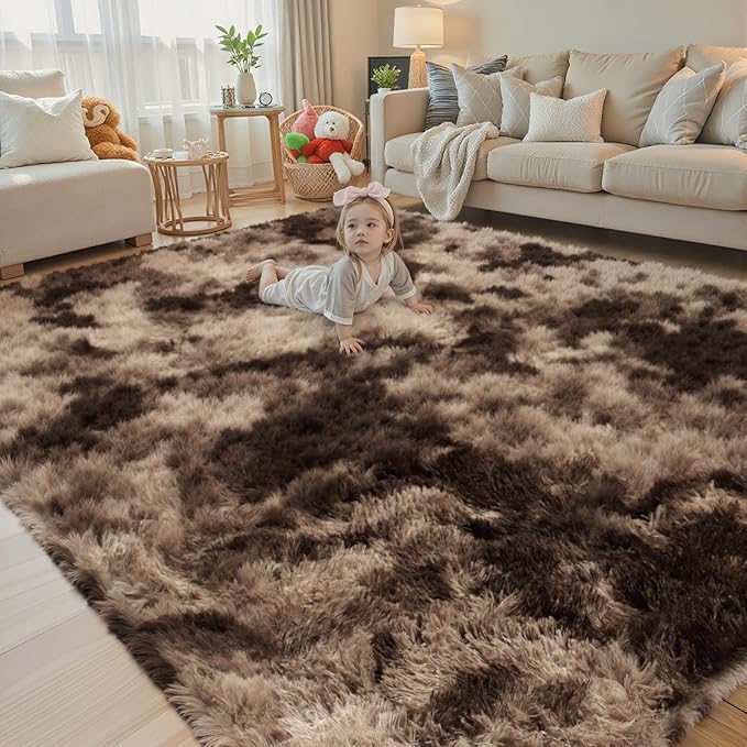 8x10 Area Rugs for Living Room Bedroom Rug, Large Area Rug Shag Shaggy Carpet Soft Plush Furry Bedside Rug, Rugs for Home Decor (Dark Coffee Tie-Dyed, 8x10 Feet)