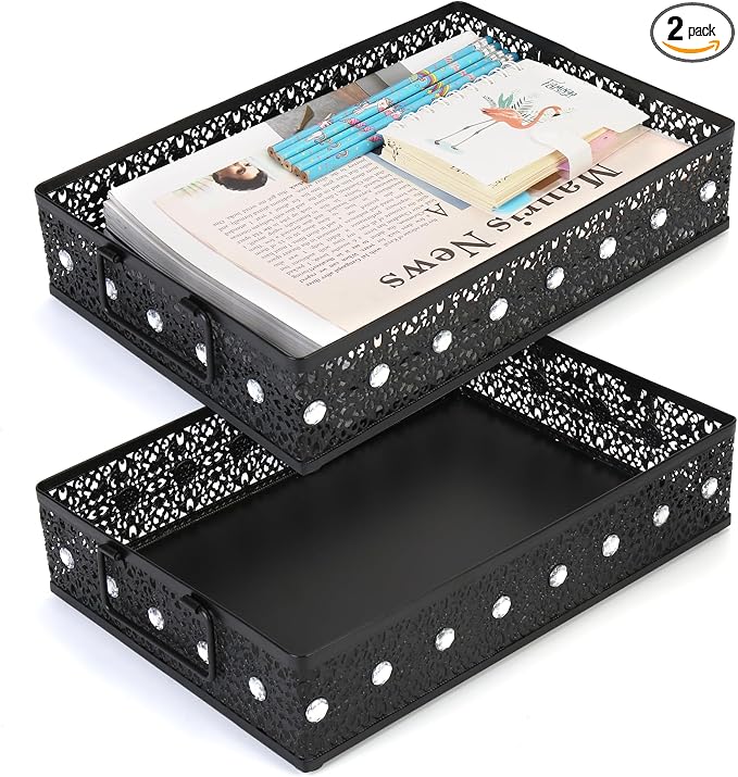 Desk Drawer Organizer, A4 Large Metal Mesh Desk Rrganizer Tray, Versatile Storage Box Set for Office Home Supplies,Carved Hollow Floral Desk Tray, 13 x 9 inches (2, Rhinestones)