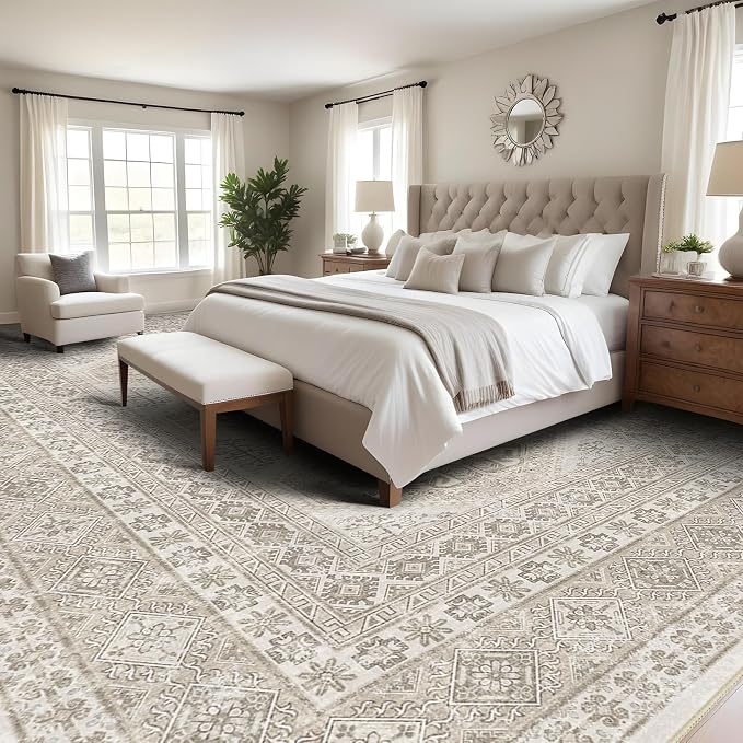 Large Rugs for Living Room: 10x14 Area Rugs Farmhouse Indoor Machine Washable Rug Non-Slip with Rubber Backed Oriental Carpets (Beige, 10x14)