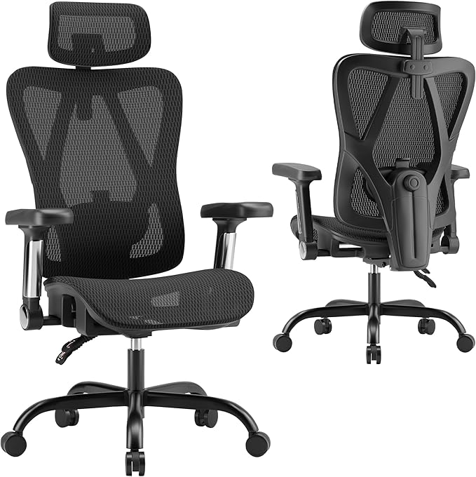 Ergonomic Office Chair, Full Mesh Desk Chair with 5D Armrests, Adjustable Lumbar Support and Headrest, 135° Stepless Reclining Backrest, Home Office Computer Chair