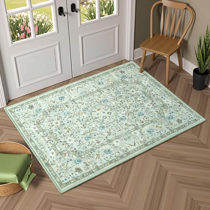 Vasofe 2x3 Area Rug for Bedroom, Small Rugs for Entryway, Kitchen, Bathroom, Non-Slip Washable Carpet Soft Low Pile Vintage Floral Light Green Mat Front Door Mats for Indoor Entrance