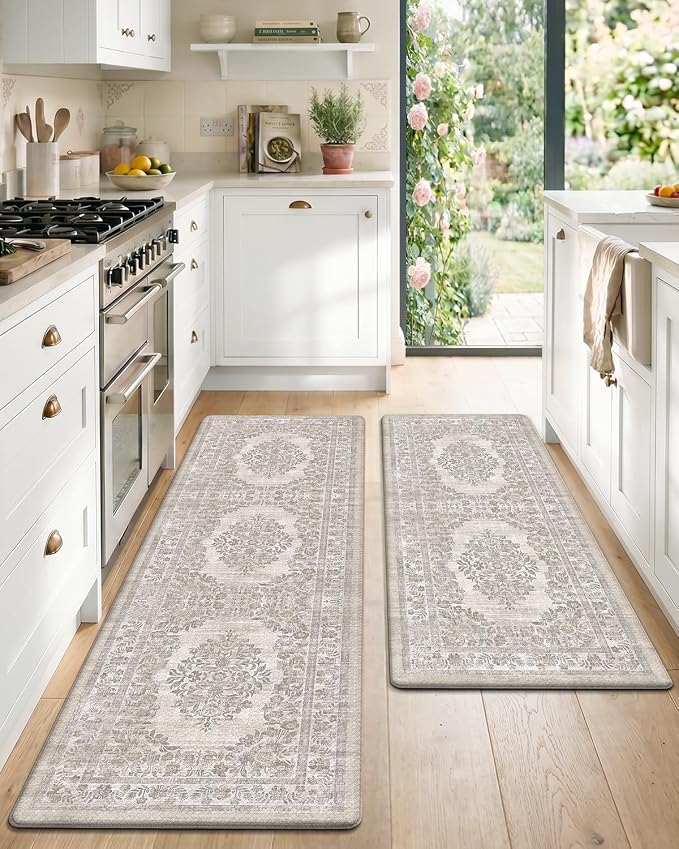 Color&Geometry Kitchen Mat 2PCs-24x59+24x87 Vintage Anti Fatigue, Khaki | 0.4in Cushion Standing Mat For Cooking/Working/Laundry, Boho Decor, Non Slip PVC Kitchen Rug, Oil/Water Proof, Anti Slip