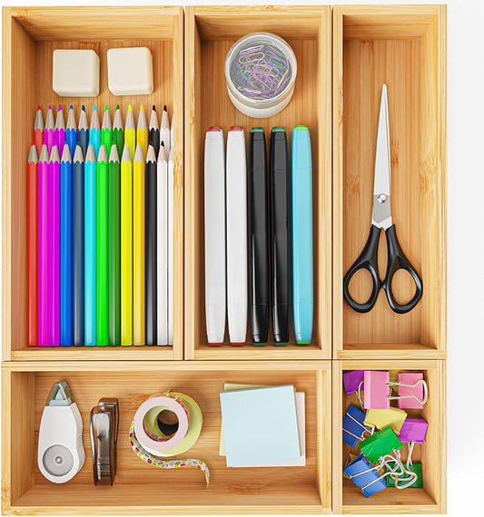 Bamboo Drawer Organizer Boxes, 5 PCS Junk Drawer Organizer, Wooden Storage Trays for Kitchen, Bathroom, Office, Makeup